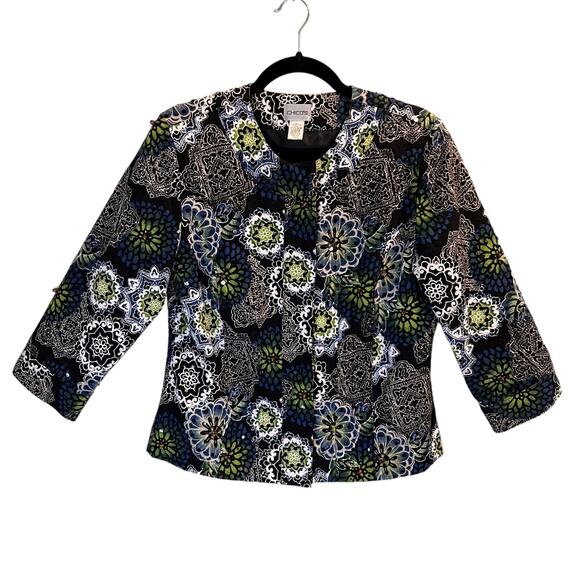 Chico's Black Floral Button Front Jackets Size Small Sequins Beaded Cotton - Picture 1 of 11